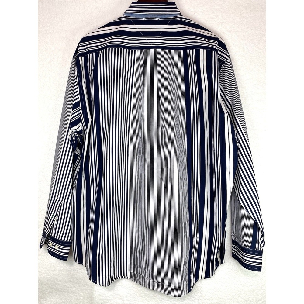 Tommy Hilfiger Mens Large Navy White Mixed Stripe Button Down Cotton Shirt - Picture 3 of 9